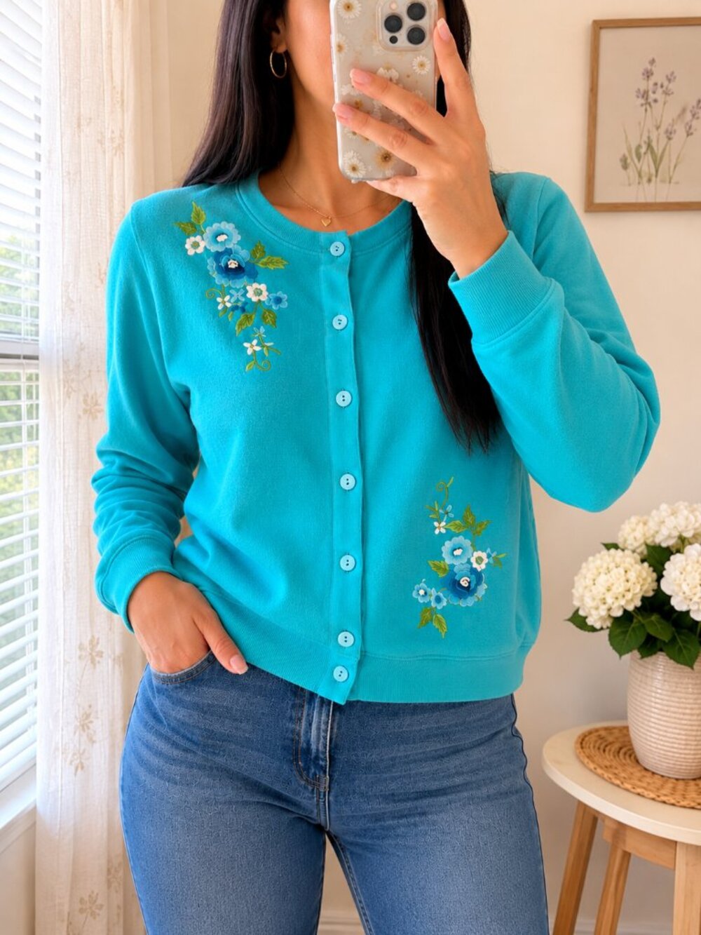 Shenanigans Floral Embroidered Cardigan Petite Large Turquoise Button Up